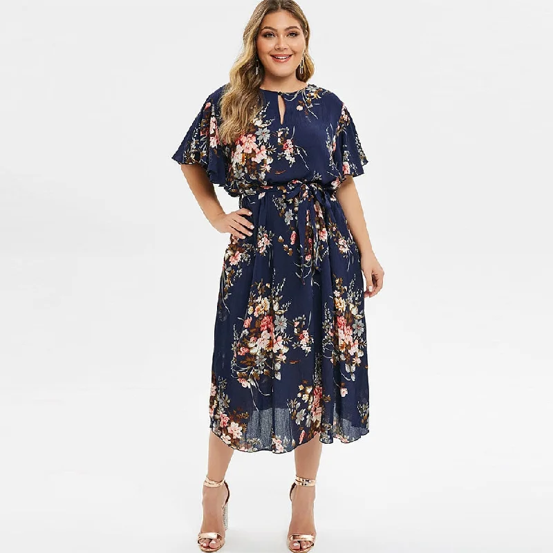 Plus Size Floral Print Bell Sleeve Midi Dress A-Line Short Sleeves Women Party Dress Bohemian Maxi Dress Holiady Vestido Plus Size Floral Print Bell Sleeve Midi Dress A-Line Short Sleeves Women Party Dress Bohemian Maxi Dress Holiady Vestido