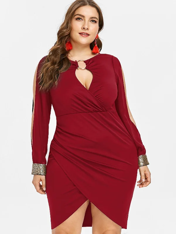 Plus Size Dress Women Keyhole Neck Sequined Slit Bodycon Dress Spring Autumn Party Dresses OL Club Dresses Vestidos 5XL Plus Size Dress Women Keyhole Neck Sequined Slit Bodycon Dress Spring Autumn Party Dresses OL Club Dresses Vestidos 5XL