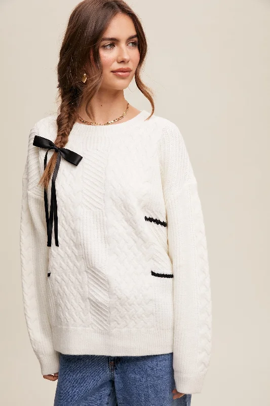 Ivory Striped Mixed Cable Knit Sweater