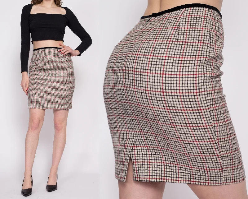 90s Plaid Wool Mini Pencil Skirt - Small, 27"