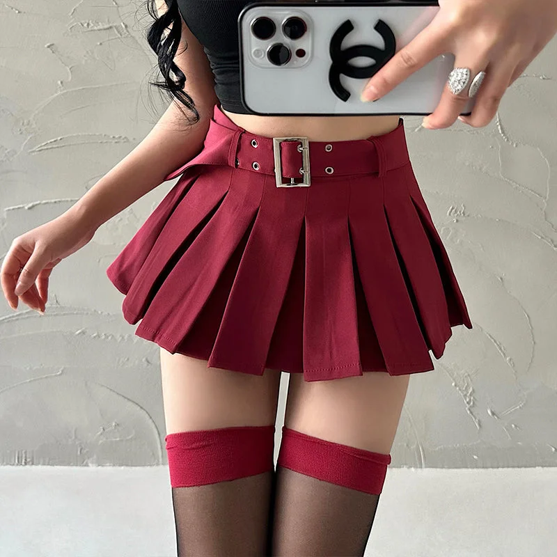 Alexis Solid Color Pleated A-Line Low Waist Mini Skirt