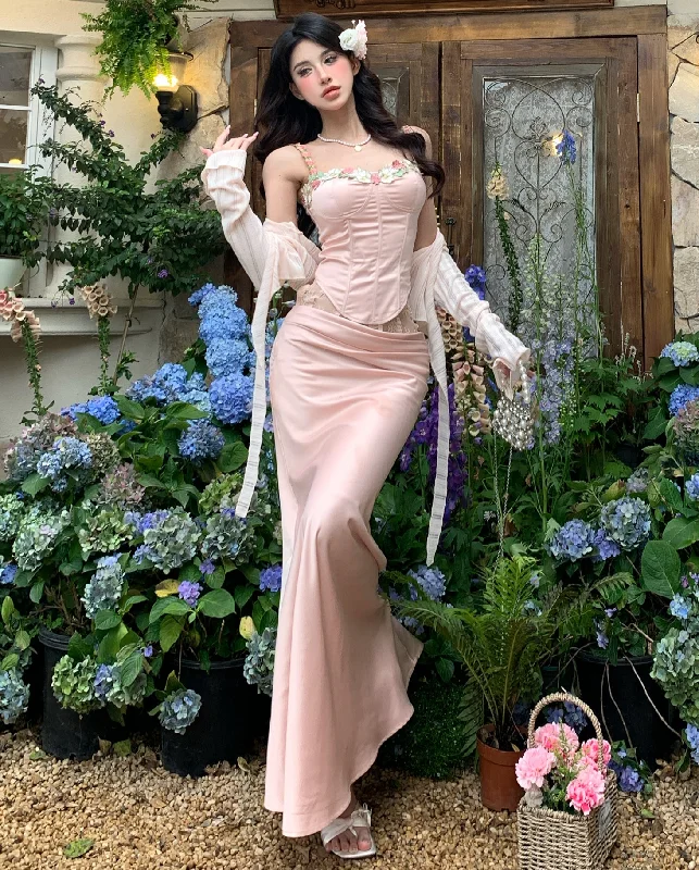 Flora Pink Satin Flower Patch Decor Corset Crop Top + High Waisted Lace Long Maxi Mermaid Skirt, Side Ribbon Decor Mini Skirt, Matching Set