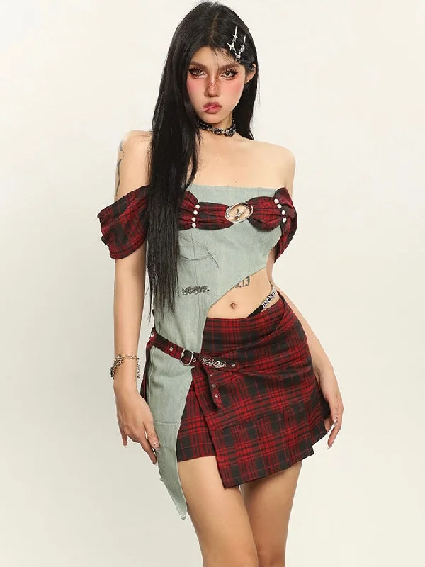 Dauna Red Check Paneled Denim College Off-the-Shoulder Top + Belt Strap Mini Skirt Matching Set