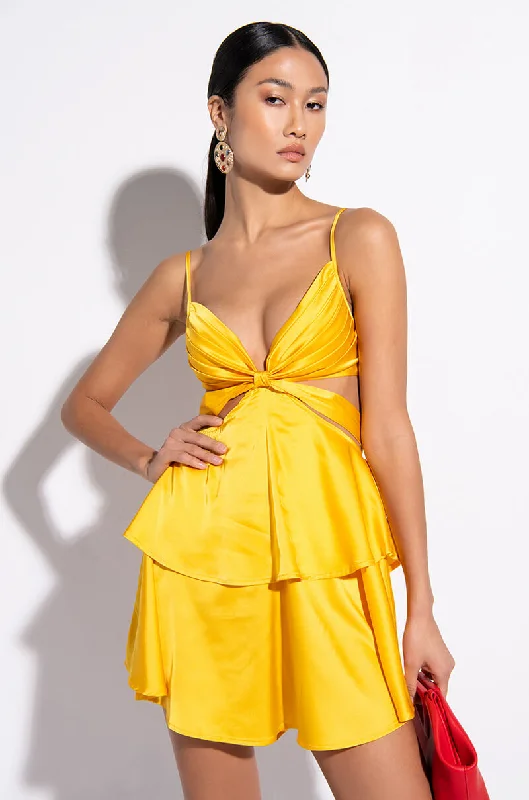 FLIRTY TIE FRONT SATIN MINI DRESS