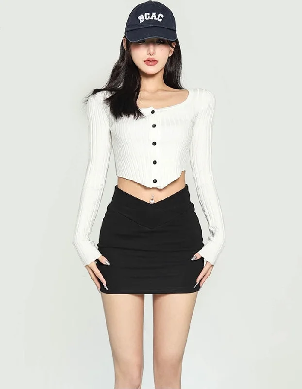 Gia Solid Color Black V-Waist High Waist Slim Mini Skirt