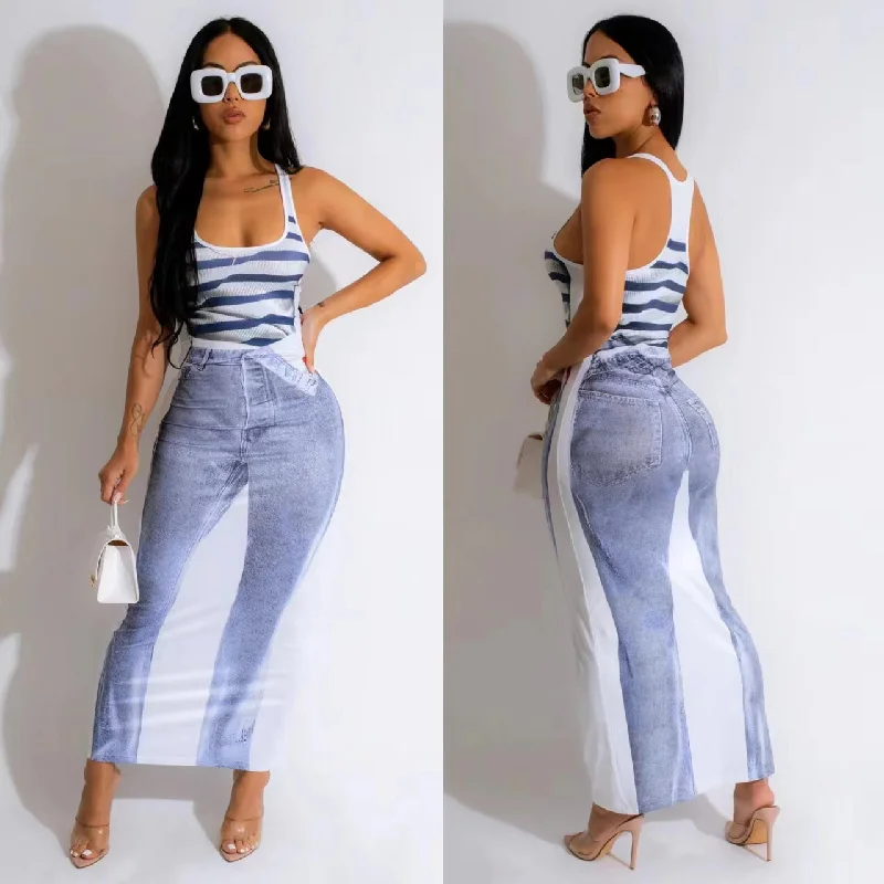 Jeans Printed Vest U-Neck Dress(CL11674)