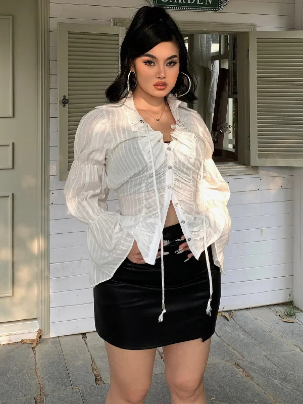 Jenna Solid Color See Through White Long Puffed Sleeve Button Up Shirt + Black High Waist Mini Skirt Matching Set