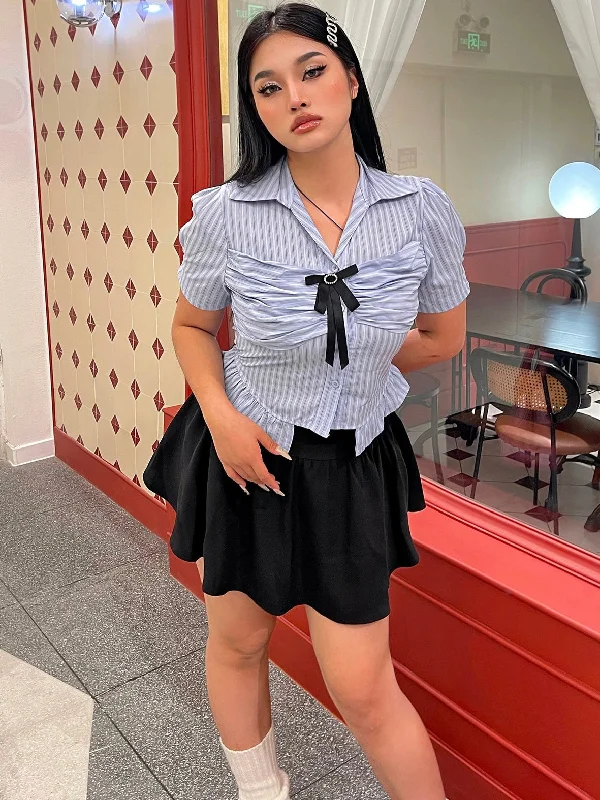Jennie Plus Size Blue Stripe Short Sleeve Bow Silver Brooch Button Up Top + Plus Size Solid Color High Waist Pleated Mini Skirt Cute Matching Set