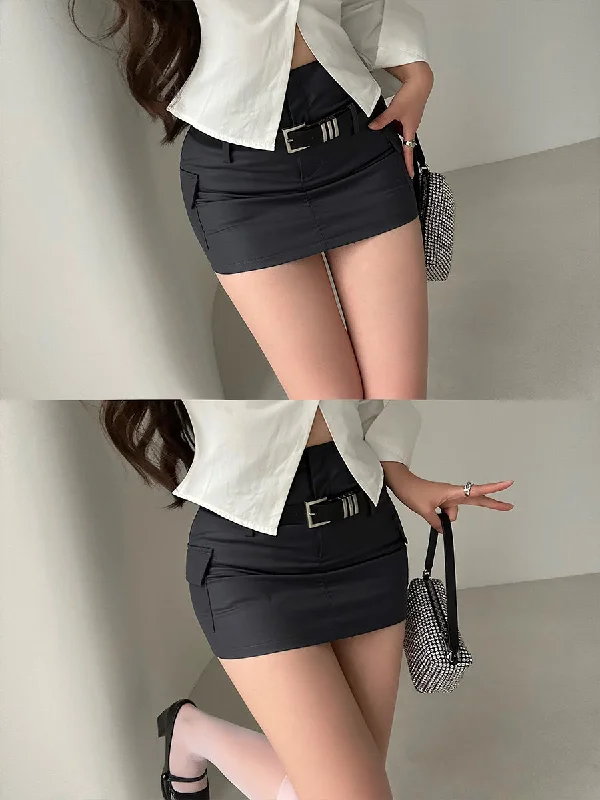 Kelsy Solid Color High Waist Slim Waist Belt Mini Skirt