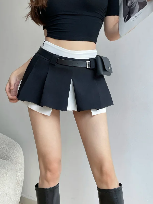 Latisha Contrast Color Preppy Style High Waist Pack Fake Two Pleated Split Mini Skirt