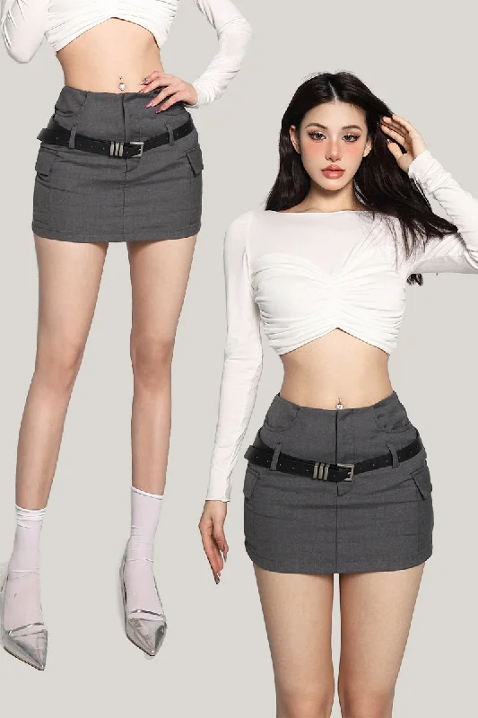 Liliana Solid Color Dark Gray High-Waist Belt Waist Slim Mini Skirt