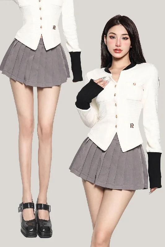 Lowell Solid Color Gray Pleated High Waist Mini Skirt