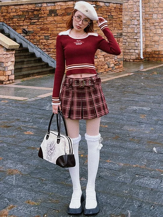 Mariah Plaid Pleated Belt Mini Skirt