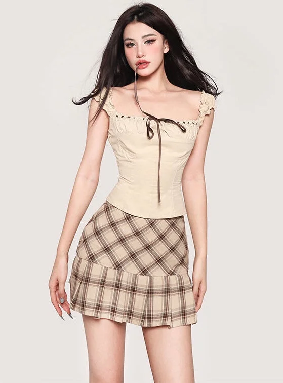 Maya Solid Color Khaki Lace Tie Wide Sleeve Square Neck Slim Top + Khaki Plaid High Waist Mini Skirt Matching Set