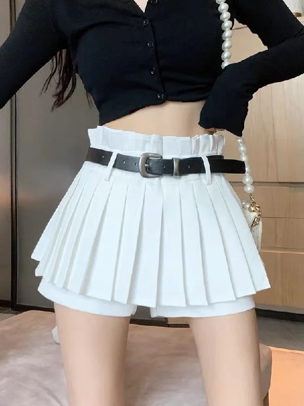 Nessa Solid Color White Pleated High Waist Belt Mini Skirt