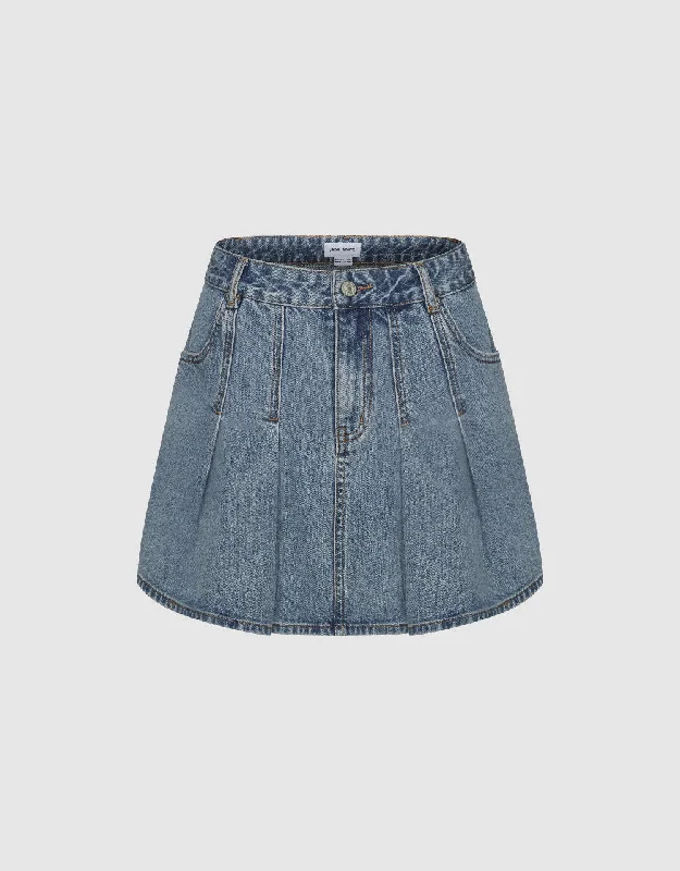 Pleated Mini A-Line Denim Skirt
