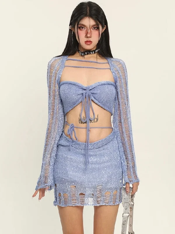 Polly Solid Color Distressed Knitted Halter Cropped Top + Low Waist Strap Mini Skirt Matching Set