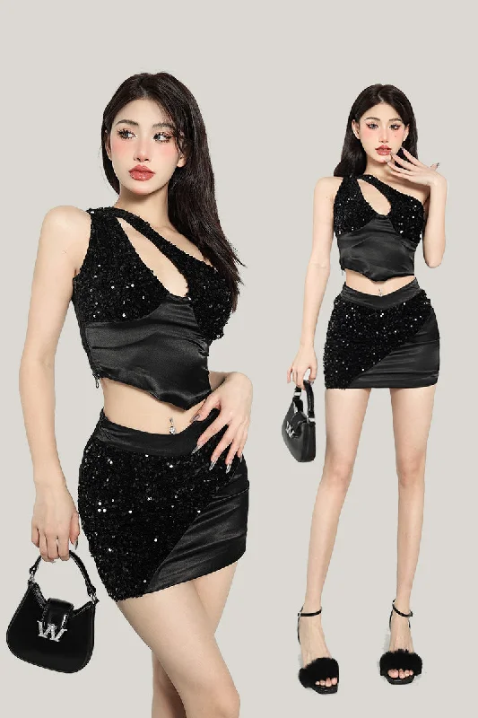 Riana Sequin Satin Patchwork Halter Sleeveless Cropped Slim Mini Skirt Matching Set