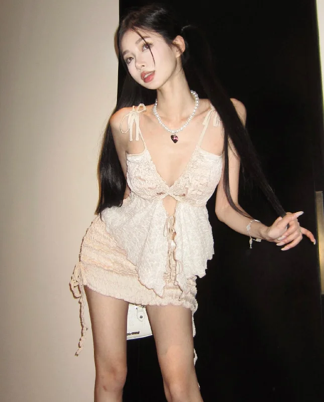 Samia Solid Color Lace Embroidery V-Neck Top + Pleated Drawstring Mini Skirt Matching Set
