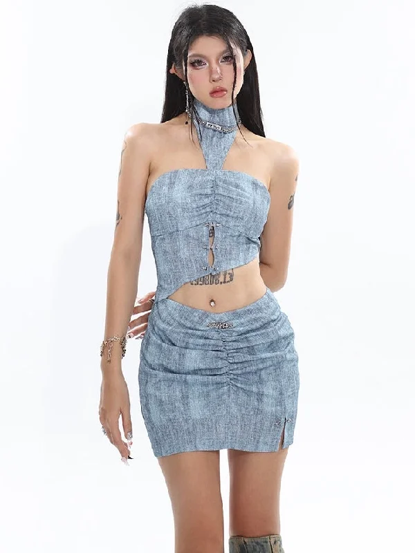 Sloan Blue Halter Neck Cut Out Asymmetrical Bandeau Top + High V-Waist Pleated Slim Mini Skirt Matching Set