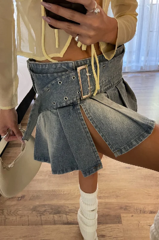 Vanessa Split Waistband Denim Low Rise Pleated Y2k Mini Skirt