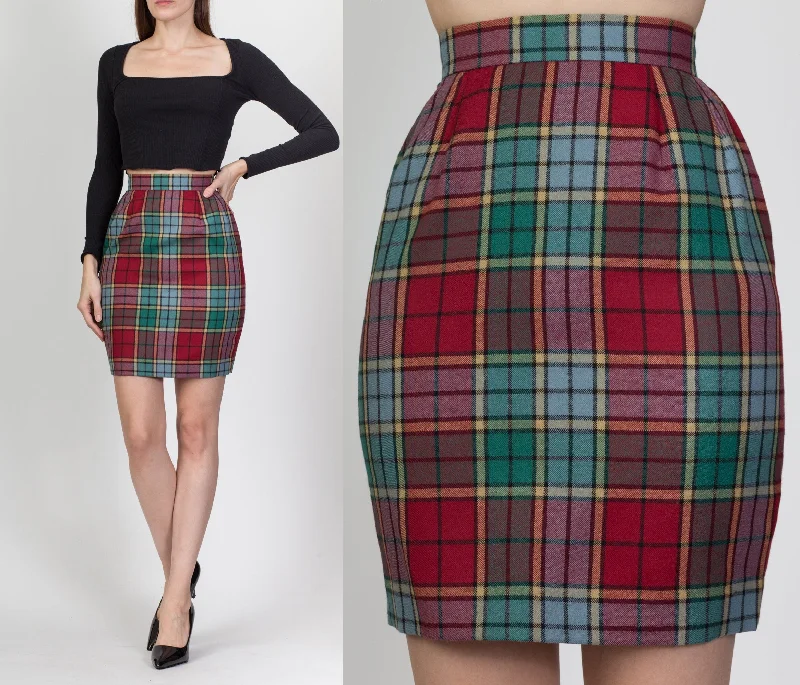 Vintage Plaid Mini Pencil Skirt - Extra Small, 22.5"